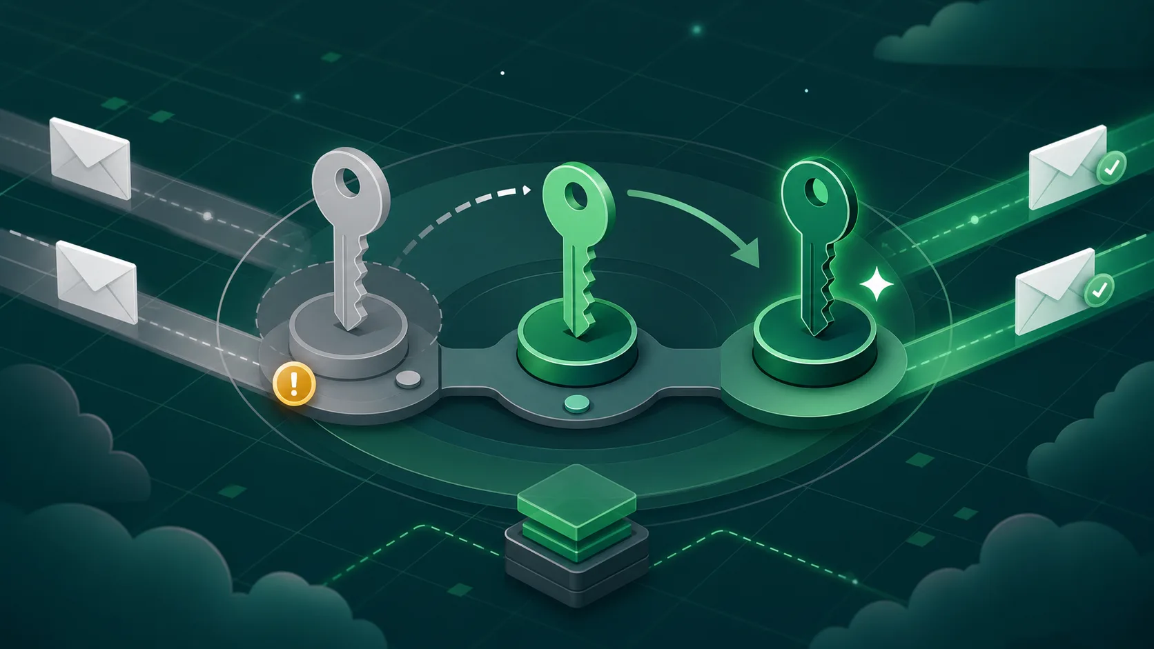 Editorial illustration of cryptographic keys being rotated in a DNS zone alongside email envelopes.