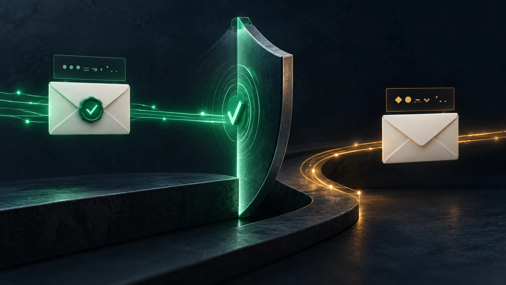 Editorial illustration of authenticated and lookalike-domain emails taking separate paths around a central security shield.
