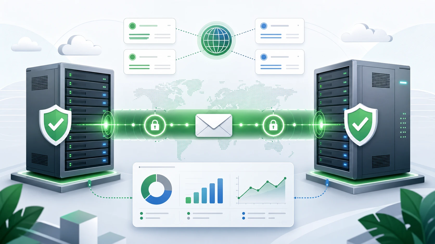 Editorial illustration of an SMTP connection being upgraded to a verified TLS session between two mail servers.