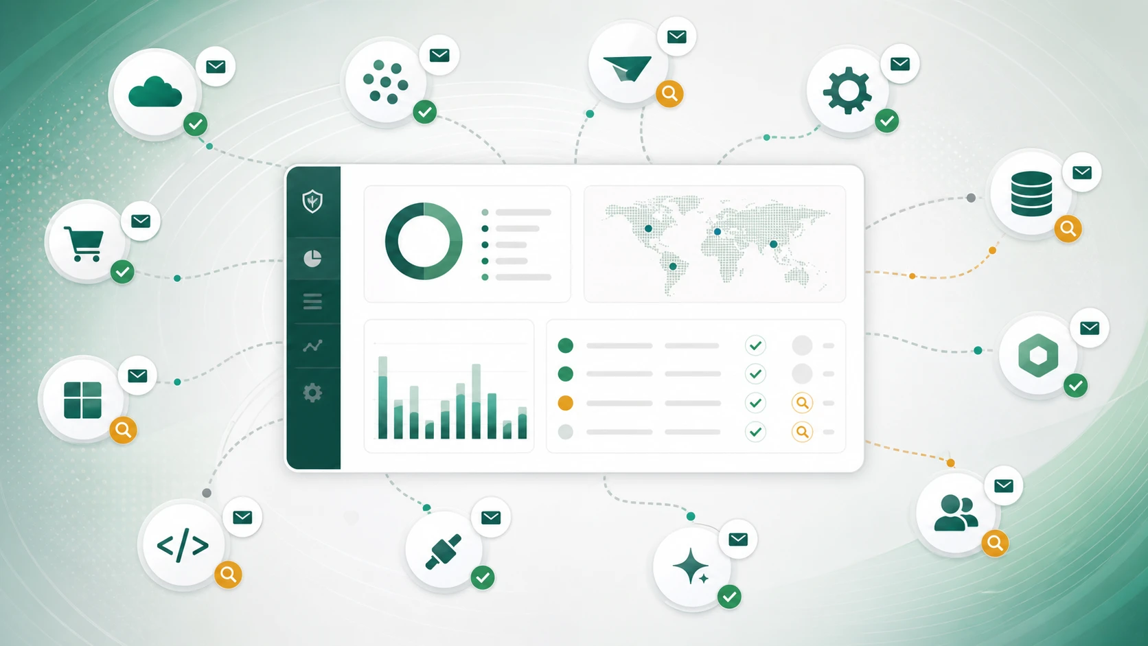 Editorial illustration of a network of unfamiliar SaaS senders being discovered through a DMARC reporting pane.